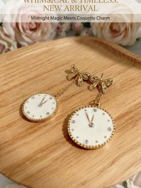Gold Bow Drop Earrings with White Clock Face Discs